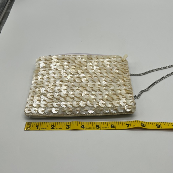 Faux Capiz Shell Beaded Ivory Satin Evening Clutch Crossbody with Chain Strap - Picture 6 of 8